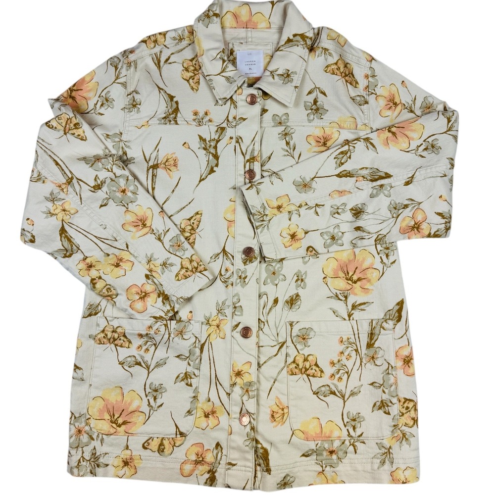 LC Lauren Conrad Floral Butterfly Chore Coat Jacket Cream Yellow XL NEW